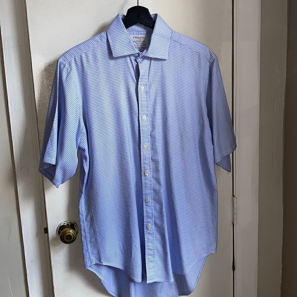 TM LEWIN Blue Gingham Short Sleeve Shirt-15.5/34.5